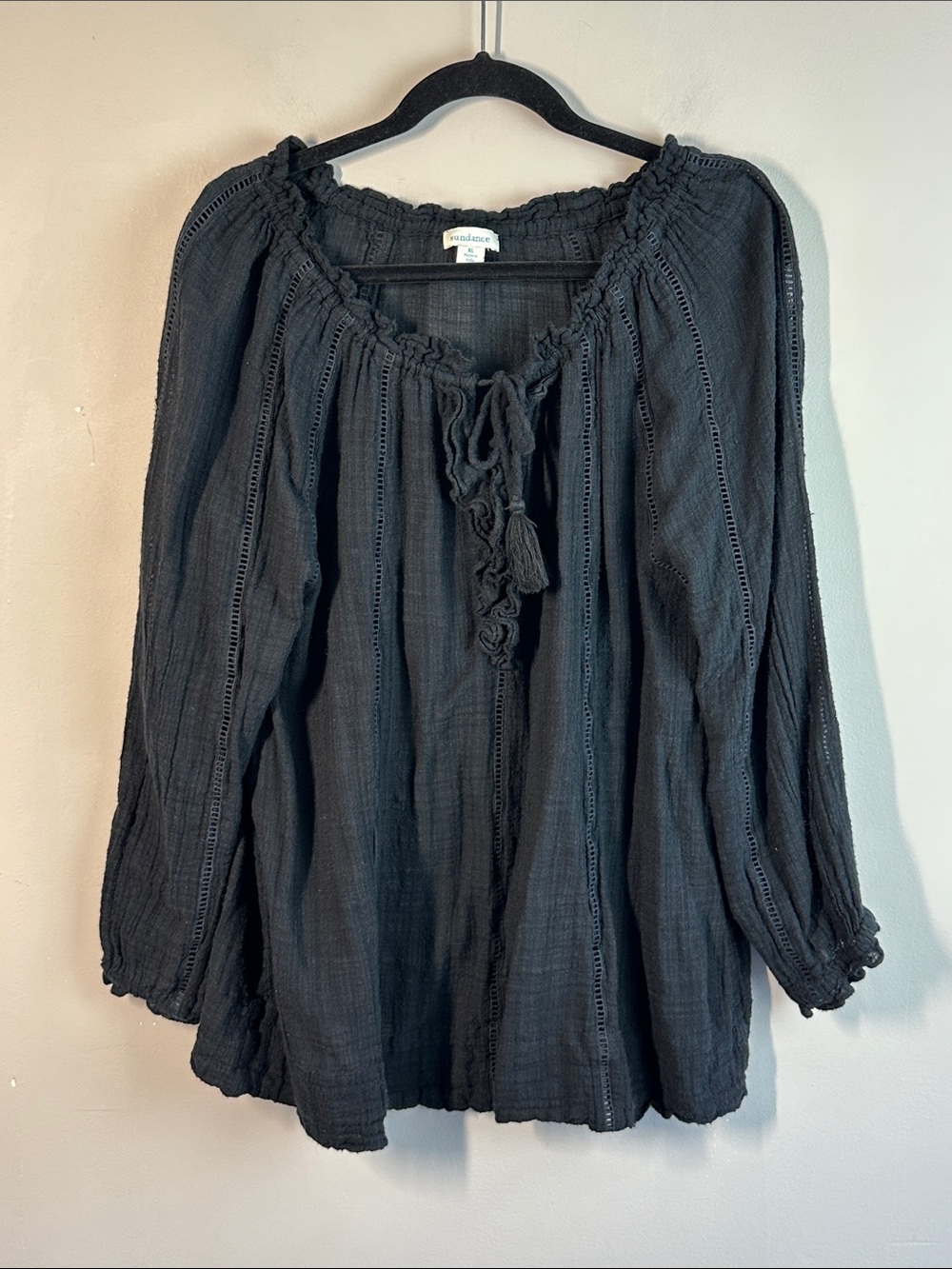 Sundance Tunic Black Ruffle Sheer Keyhole Lace Tassel Top Size XL Boho Peasant